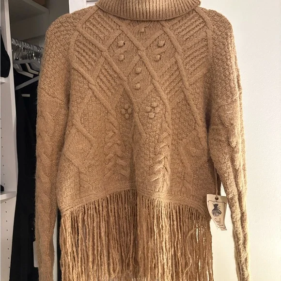 Cozy Tan Cable Knit Sweater with Fringe - Picture 2 of 6